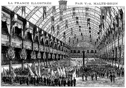 El Palacio de la Industria de la Exposición Universal de 1878. Entre las nuevas tecnologías exhibidas en su interior estaban el teléfono de Alexander Graham Bell y el fonógrafo de Thomas Edison.