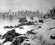 American corpses sprawled on the beach of Tarawa, November 1943.