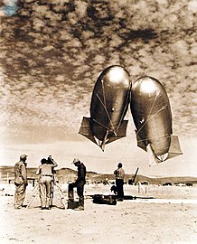 Kytoon balloons were used on Indian Springs Air Force Base, Nevada, April 20, 1952, to get exact weather information during atomic test periods.