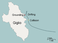 Deviation (from 21:30 UTC+1) leading to disaster (21:45 UTC+1) and grounding (23:00 UTC+1)[45]