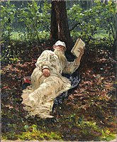 León Tolstói descansando en el bosque. 1891. I. Repin