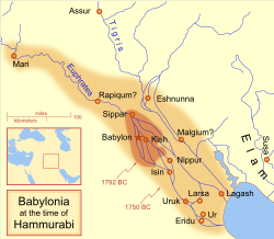 The extent of the Babylonian Empire at the start and end of Hammurabi's reign, in what today is modern day Iraq and Iran