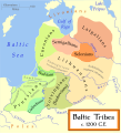 Image 72Baltic tribes around 1200, in the neighbourhood about to face the Teutonic Knights’ conversion and conquests; note that Baltic territory extended far inland. (from History of Lithuania)