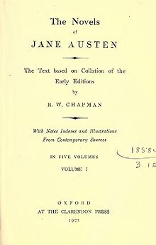 Title page reads "The Novels of Jane Austen, The Text based on Collation of the Early Editions by R. W. Chapman, With Notes Indexes and Illustrations from Contemporary Sources, In Five Volumes, Volume I, Oxford, At the Clarendon Press, 1923