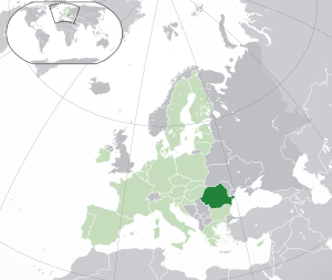 Расположение Румынии (тёмно-зелёный): — в Европе (светло-зелёный и тёмно-серый) — в Европейском союзе (светло-зелёный)