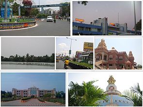 Clockwise from Top Left: Guntur Municipal Corporation, Guntur Railway Station, ISKON-Guntur, Viswa-Nagar, Acharya Nagarjuna University, Uppalapadu Bird Sanctuary, One-Town-Center.