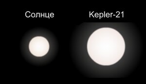 Сравнительные размеры Солнца и Kepler-21.