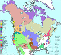 Colour-coded map of North America showing the distribution of North American language families north of Mexico