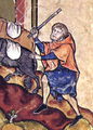 Campesino arreando mulas de carga. Biblia Maciejowski, hacia 1250.