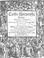 A Czech example of Fraktur: Title page of Česká mariánská muzika by Adam Václav Michna z Otradovic (1647) ("[Cżeská maryánska muzyka] Error: [undefined] Error: {{Lang}}: no text (help): Latn text/non-Latn script subtag mismatch (help)" by old orthography)