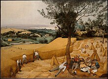 A picture of Breugel's the harvesters. Various different labourers are at work in a corn field. On the front right, there is someone asleep by a tree, while others do various work tasks relating to the harvest.