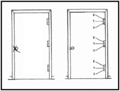 Suggested target locations for breaching a door at the latch (left) or the hinges (right)