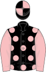 Black, pink spots, pink sleeves, quartered cap