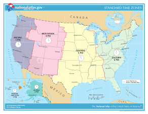 Map of U.S. time zones between April 2, 2006, and March 11, 2007. The current time zone now has Pulaski County, Indiana in the Eastern Time Zone and no longer in the Central Time Zone.