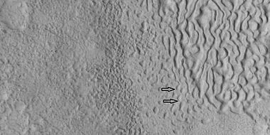 Brain terrain being formed, as seen by HiRISE under HiWish program. Note: this is an enlargement of a previous image using HiView. Arrows indicate spots where brain terrain is beginning to form.