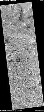 Wide view of layered terrain, as seen by HiRISE under HiWish program. Location is northeast of Gale Crater in Aeolis quadrangle.