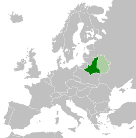 Bielorrusia Occidental en 1925 se muestra en verde oscuro y la República Socialista Soviética de Bielorrusia se muestra en verde claro.