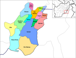 Wor Mamay district (in yellow) within the province of Paktika.