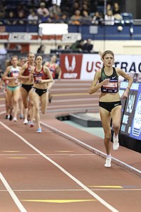 Klosterhalfen during the 2019 NYRR Milrose Games mile run. She won in a time of 4:19.98. This time beat the existing German national record. In her back are Kate Grace and Colleen Quigley