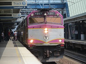 MBTA F40PHM-2 locomotive at Route 128 station on the Providence/Stoughton Line