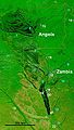 NASA false-colour image of the upper Zambezi and Barotse (Balozi) floodplain during an extreme flood in 2003.