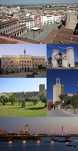 Top:Plaza Alta (High Square), Second left:Ayuntamiento de Badajoz (Badajoz City Hall), Second right:Puerta de Palmas (Palms Gate), Third left:Alcazaba de Badajoz, Third right:Torre de Espantaperros (Scaredogs Tower), Bottom:A twilight view of Guadiana River and Badajoz Royal Bridge