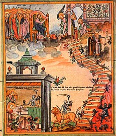 Icon of a vision granted by Basil the Younger to his servant, of the death of St Theodora and the aerial toll houses.