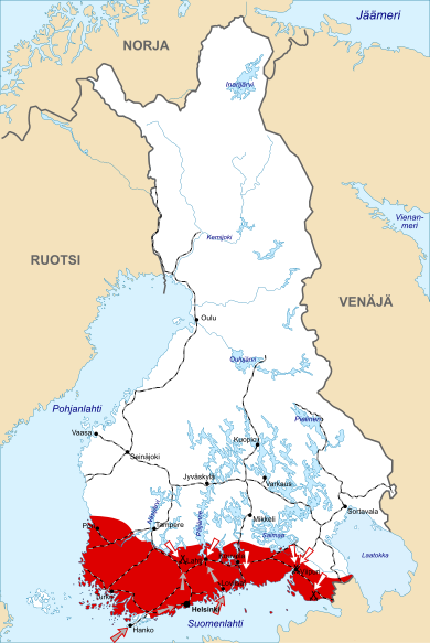 A map illustrates the final battles of the war. The Reds do not mount any more offensives, while the Imperial German Army lands from the Gulf of Finland behind the Reds and captures the capital of Helsinki. The Whites attacks all along the front southwards.