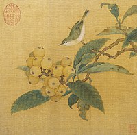 A square painting depiciting a small bird, with a grey top and white underbelly, perched on a branch that ends with a large cluster of orange tinted fruits, each about half the size of the bird.