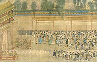 Candidates who had taken the civil service examinations would crowd around the wall where the results were posted; detail from a handscroll in ink and color on silk, by Qiu Ying (1494–1552).[138]