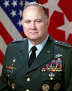 A portrait photograph of Norman Schwarzkopf Jr., a White man in his 50s wearing a heavily decorated military uniform