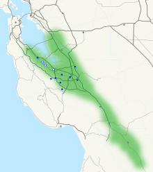 A map of the Santa Clara Valley (green) with the cities of 'Silicon Valley' highlighted (blue).