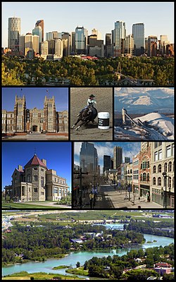 From top: Downtown Calgary, Southern Alberta Institute of Technology, Calgary Stampede, Canada Olympic Park, Lougheed House, Stephen Avenue, Calgary Zoo