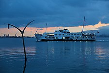 A flooded Kavaklı Beach in Gölcük and a local passenger ferry in the background