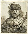 Rembrandt, etching, one of several self-portaits in a fanciful costume, apparently as an Oriental potentate with a kris