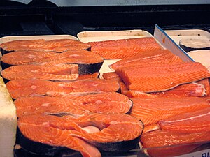 The meat of the salmon is also colored pink by the natural carotenoid pigment called astaxanthin.