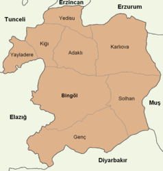 Map showing Yayladere District in Bingöl Province