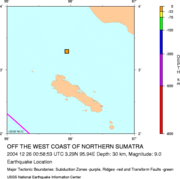 Epicentre of the earthquake, just north of Simeulue Island