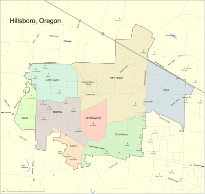 Map of Hillsboro with eight planning areas designated in different colors. Includes major roadways and locations of schools.