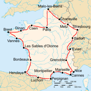 Route of the 1930 Tour de France followed counterclockwise, starting in Paris