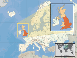 Location of England (orange) – in the European continent (camel & white) – in the United Kingdom (camel)