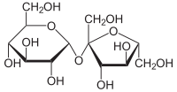 Sucrose is made up of a glucose monomer (left), and a fructose monomer (right).