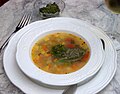 Soup au pistou is made with pistou, a combination of crushed garlic and basil with olive oil, in a broth with pasta and vegetables.