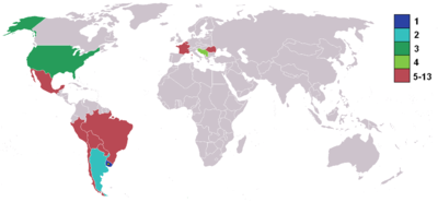 World map highlighting competing nations, colour-coded by finishing position with the top four marked separately (Uruguay 1, Argentina 2, USA 3, Yugoslavia 4). Most of the Americas are shaded, with small representation in Europe. Other continents are entirely unshaded.