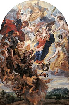 A baroque Mondsichelmadonna (Madonna on the Crescent Moon) painting by Rubens, main altarpiece of the high altar at Freising Cathedral (c. 1625).[5] The Virgin is depicted as wearing a red dress and blue mantle while crushing a serpent under her foot.[6]