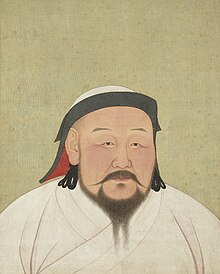 Yellowed painting of the head and shoulders of a plump middle-aged Asian man. He is wearing a white robe and a white cap with black trim. He has a long black moustache and a forked beard.