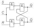 Схема синхронного RS-триггера на элементах 2И-НЕ.