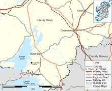 Map of the Lough Mask area of County Mayo, showing the location of Lough Mask House. The house is 6 kilometres (3.7 mi) southwest of Ballinrobe, and 6 km north of Cong; Claremorris is a further 22 kilometres (14 mi) north-east of Ballinrobe.