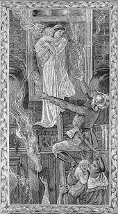 Stylised black and white engraving in the style of Edward Burne-Jones. A woman in heroic pose in a flowing white dress stands in a window holding a child, while a fireman stands on a ladder, roughly level to the window, and reaches out to take the child. A Royal Navy sailor in full uniform, further down the ladder, holds another child.