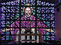 Christ of the Eucharist, slab glass designed by Dom Charles Norris from Buckfast Abbey, Devon, UK